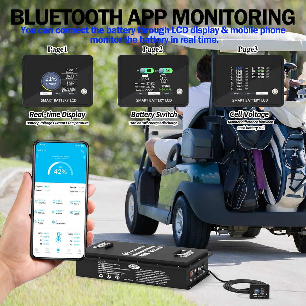 36V 100Ah LiFePO4 Lithium Battery for Golf Carts with Charger, Smart 200A BMS, LCD Display, and App Control, Up to 7680W Output, Ideal for Golf Carts and Trolling Motors