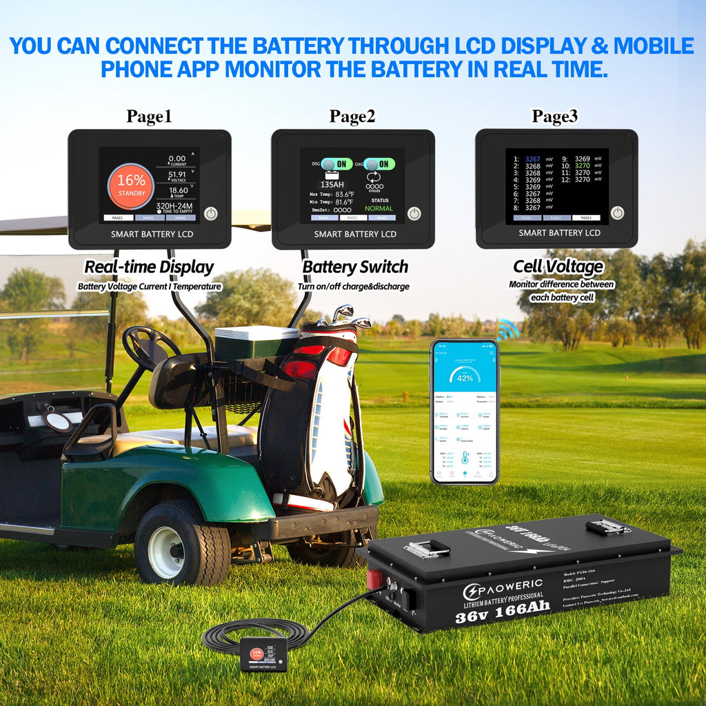 36V 100Ah LiFePO4 Lithium Battery for Golf Carts with Charger, Smart 200A BMS, LCD Display, and App Control, Up to 7680W Output, Ideal for Golf Carts and Trolling Motors
