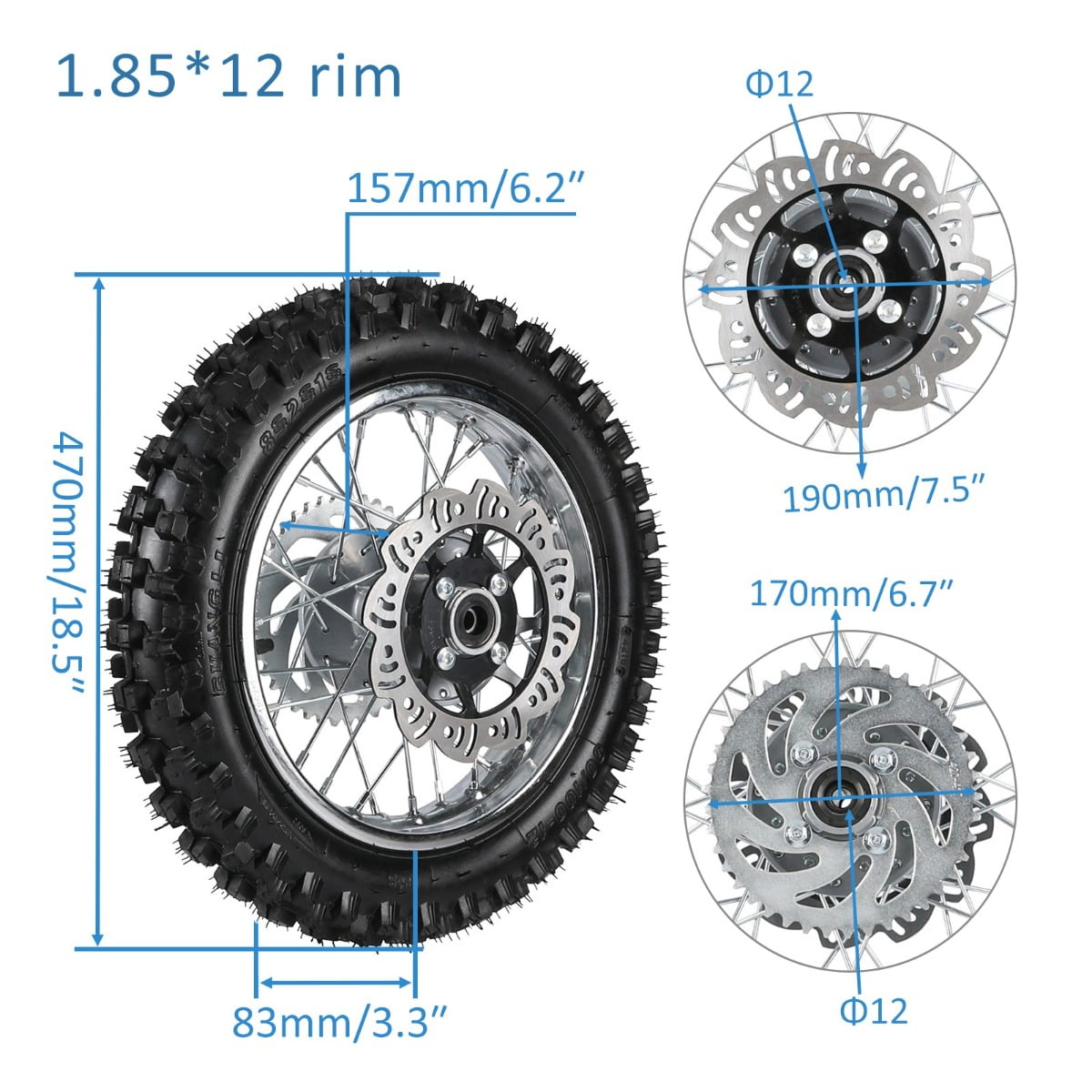 14 12 Complete Wheels Combo Front 60/100-14 + Rear 80/100-12 Wheel Rim 12mm Bearing + 420 Sprocket + Disc Brake Assembly for Dirt Pit Bike SSR Apollo Coolster 110cc 125cc XR70 KX65