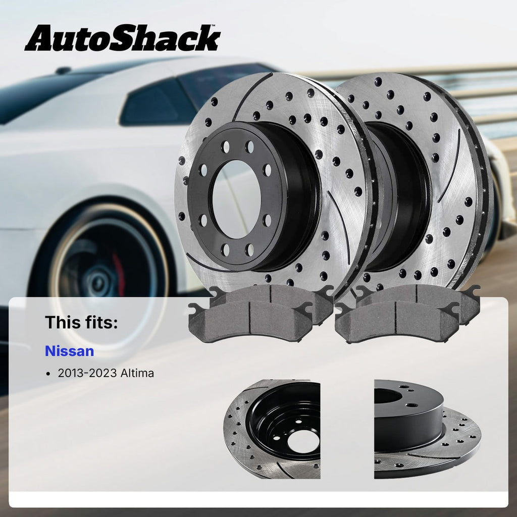 AutoShack Front & Rear Brake Rotors & Ceramic Pads for Nissan, Altima 2013-2023, AWD FWD L4 2.0L 2.5L V6 3.5L - E-Coated Drilled & Slotted - ShadowGuard