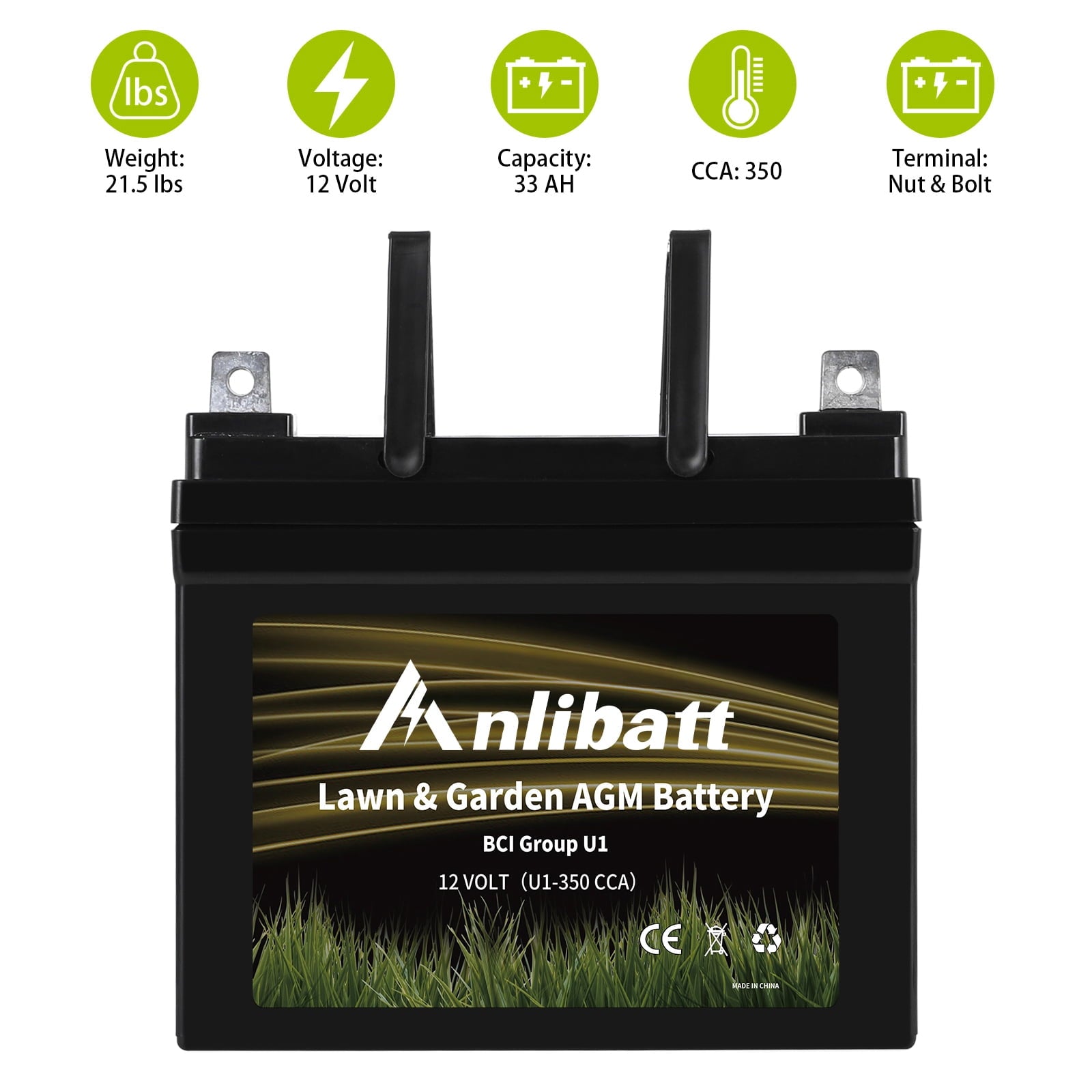 ANLIBATT Lawn Mower Battery AGM Group Size U1 12 Volt 320 CCA BMS Sealed Lead Acid Batteries for John Deere Cub Cadet Garden Tractor Lawnmower