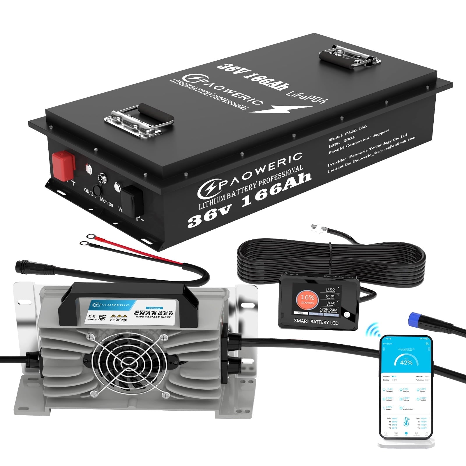 36V 100Ah LiFePO4 Lithium Battery for Golf Carts with Charger, Smart 200A BMS, LCD Display, and App Control, Up to 7680W Output, Ideal for Golf Carts and Trolling Motors
