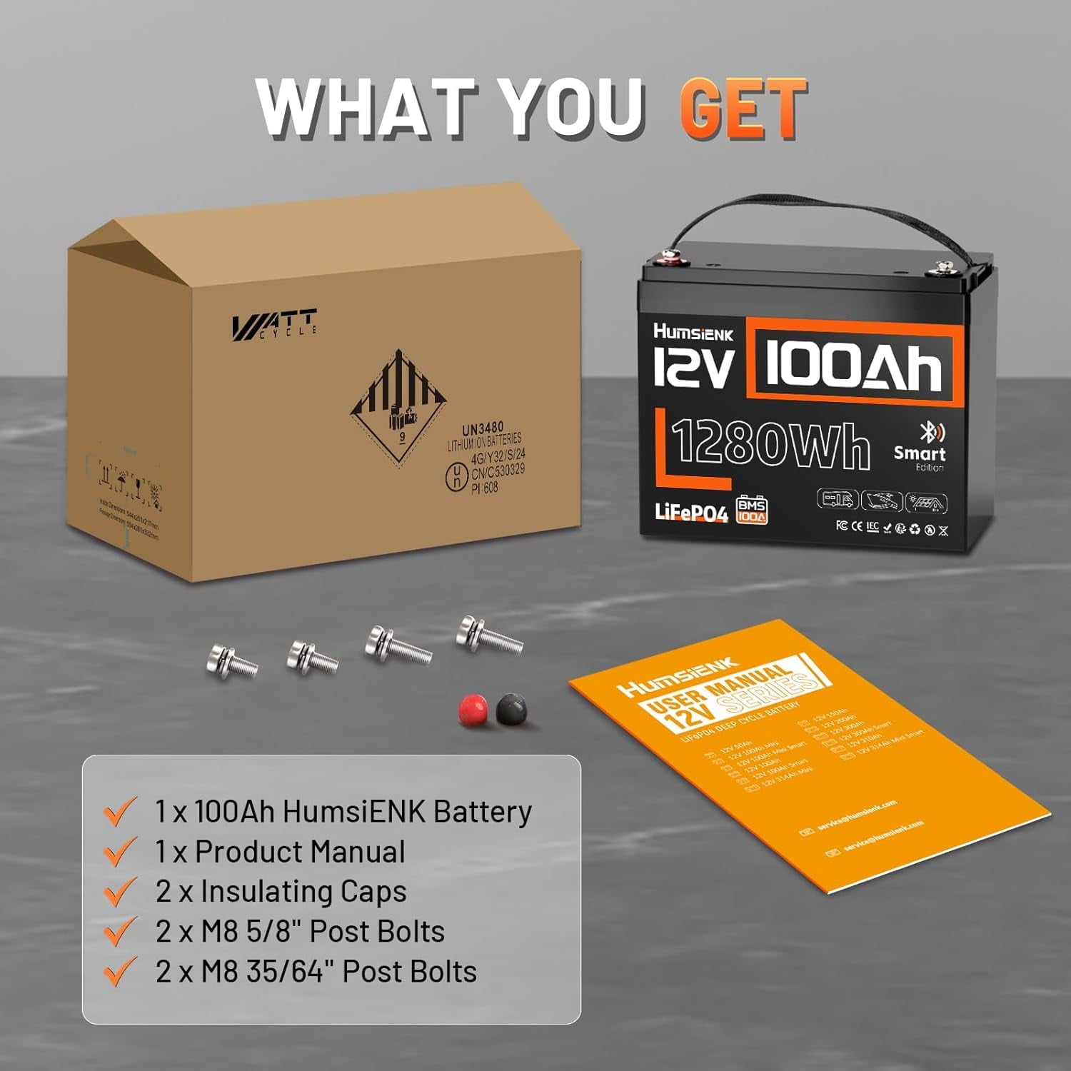 HumsiENK 12V 100Ah LiFePO4 Group 24 Battery with Bluetooth | 100A BMS & Low-Temp Cutoff for Trolling Motor, RV & Marine Use