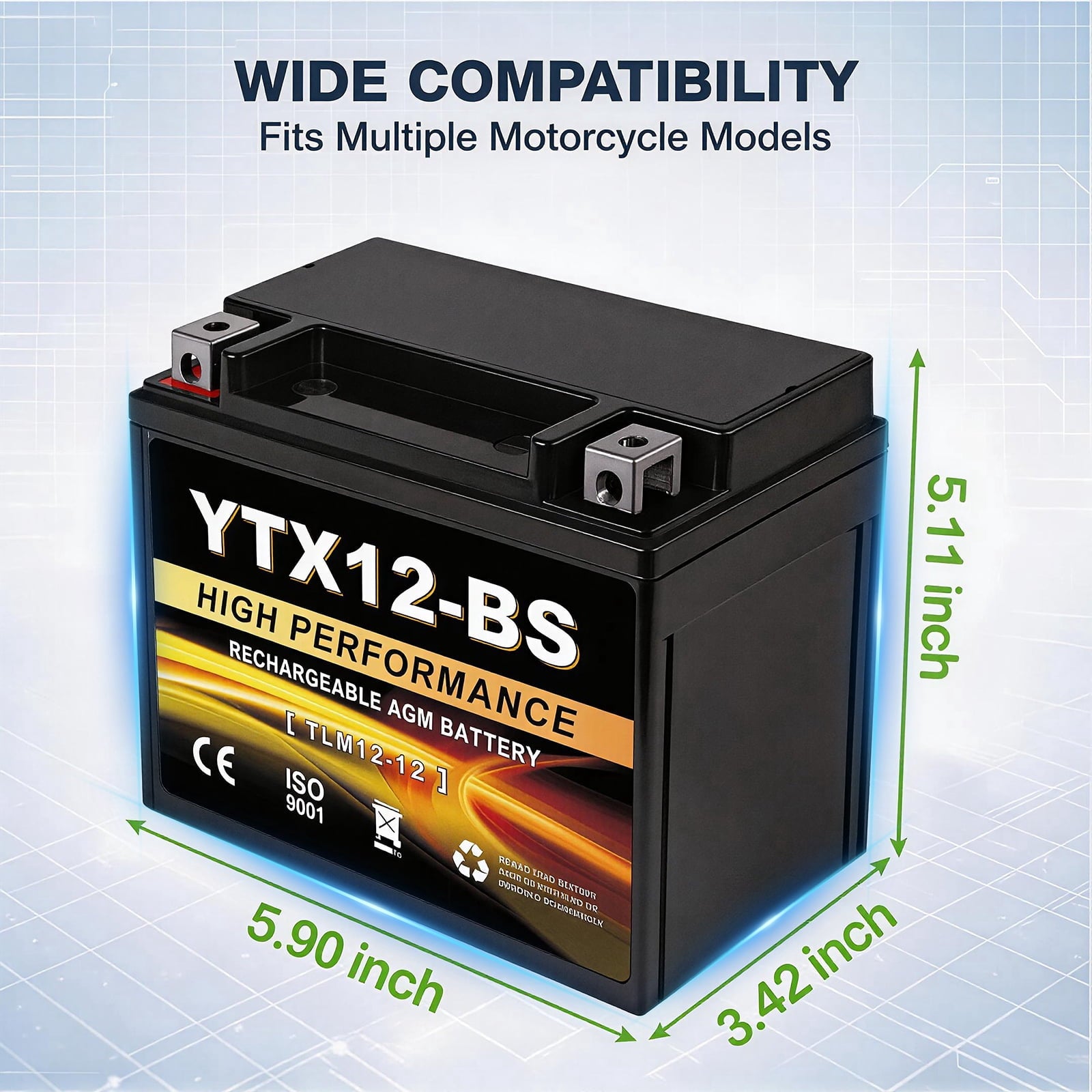 Anlibatt YTX14-BS Motorcycle Battery 12V 12Ah 200CCA Rechargeable Sealed Batteries Powersport Replacement for ATV, Scooter, Jet ski, Dirt Bike