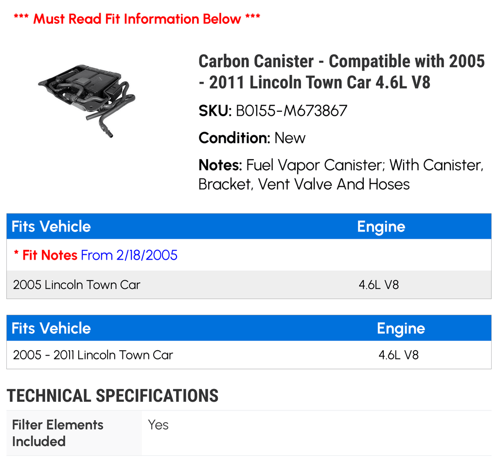 Carbon Canister - Compatible with 2005 - 2011 Lincoln Town Car 4.6L V8 2006 2007 2008 2009 2010