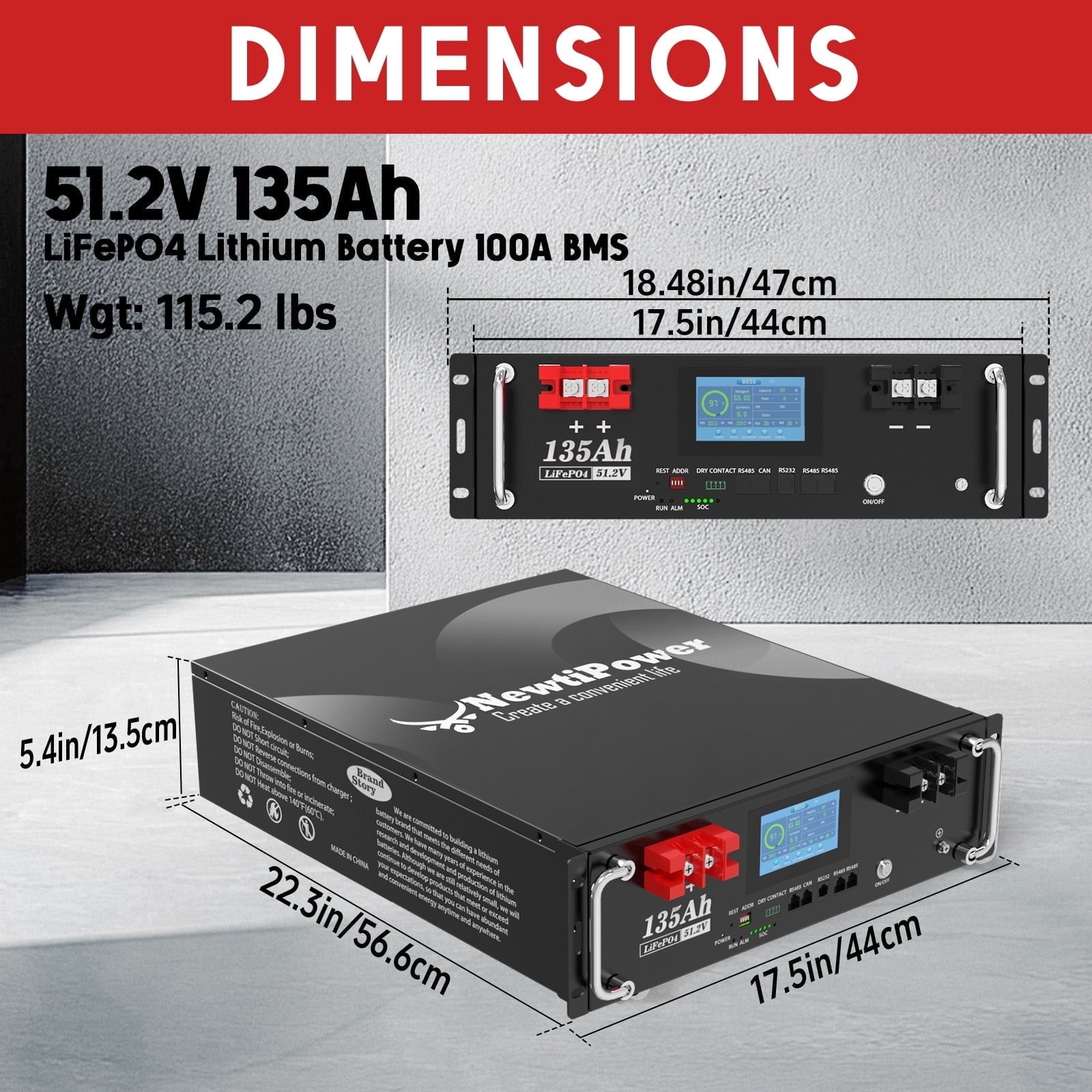 48V 135Ah 5.12KW Server Rack Lithium LiFePO4 Battery with Monitor&200A BMS Grade A Cells, Supports CAN/RS232/RS485,10000+ Cycles,Perfect for RV,Home Storage,Solar Power System