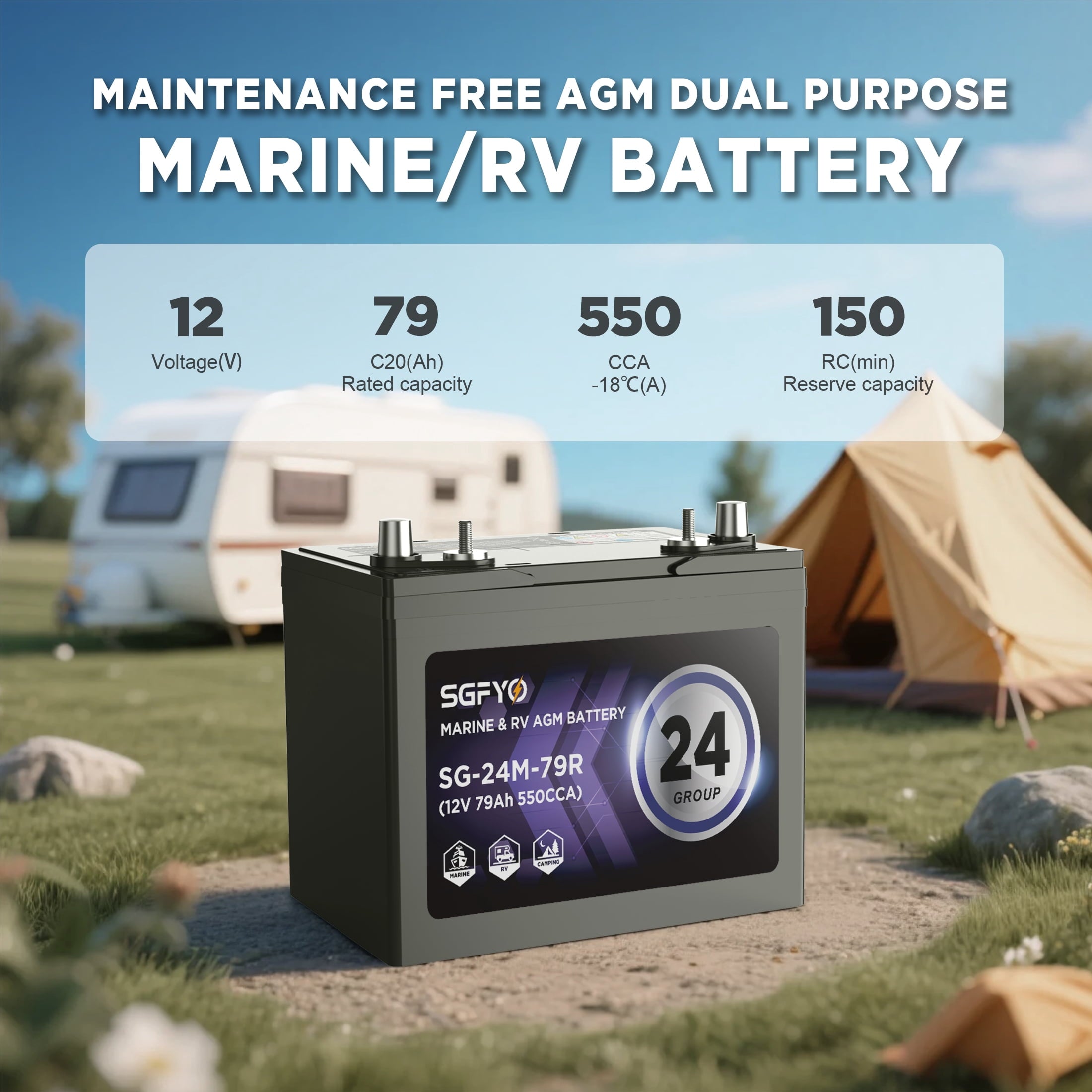 SGFYO Group Size 24M Dual Purpose Marine Battery,12V 79Ah 550CCA 150RC AGM Starter and Deep Cycle RV & Boat Batteries