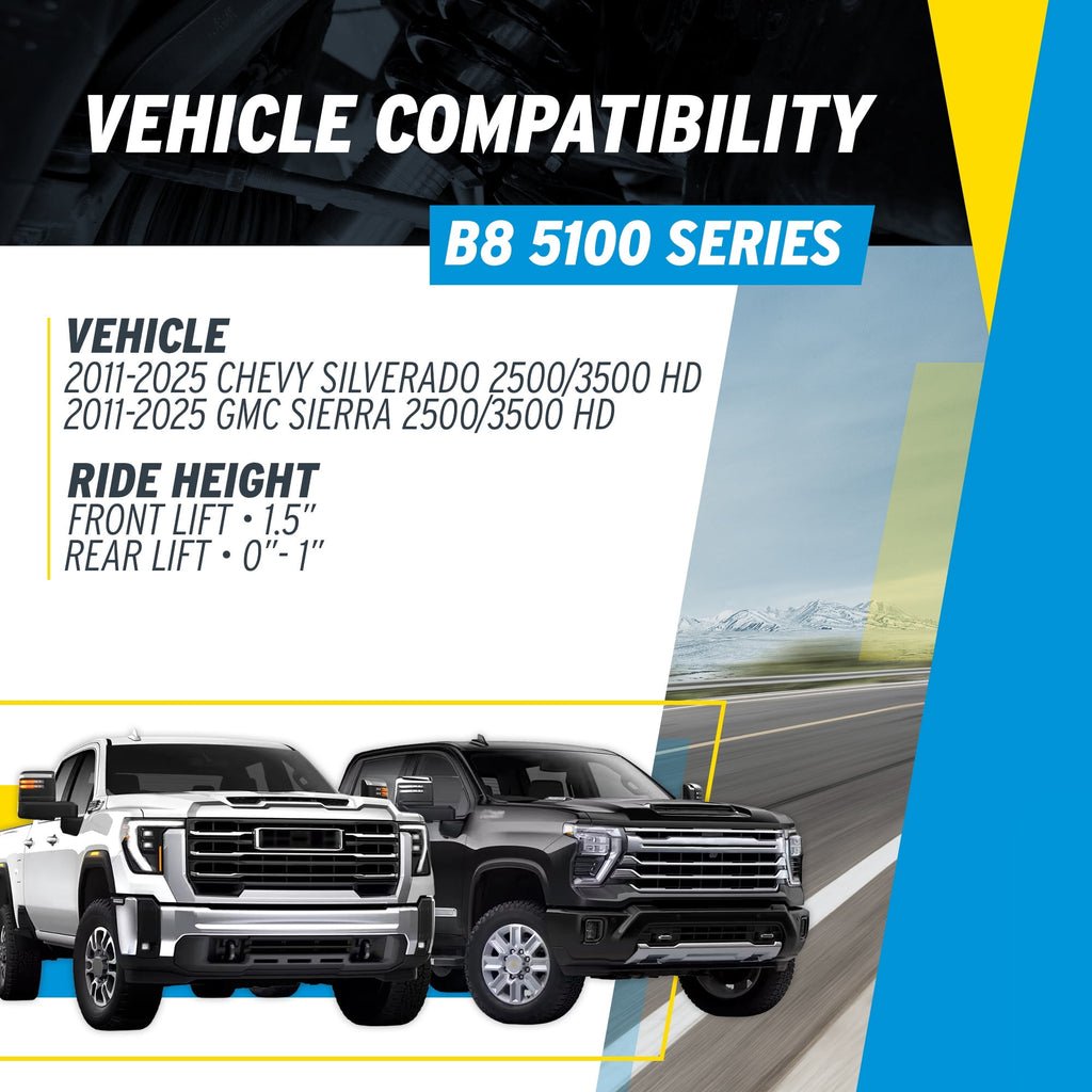 Bilstein Set of Front and Rear B8 5100 Series Shocks Compatible with 2011-2025 Silverado / Sierra 2500 / 3500 HD with 1.5 Front & 0-1 Rear Lift