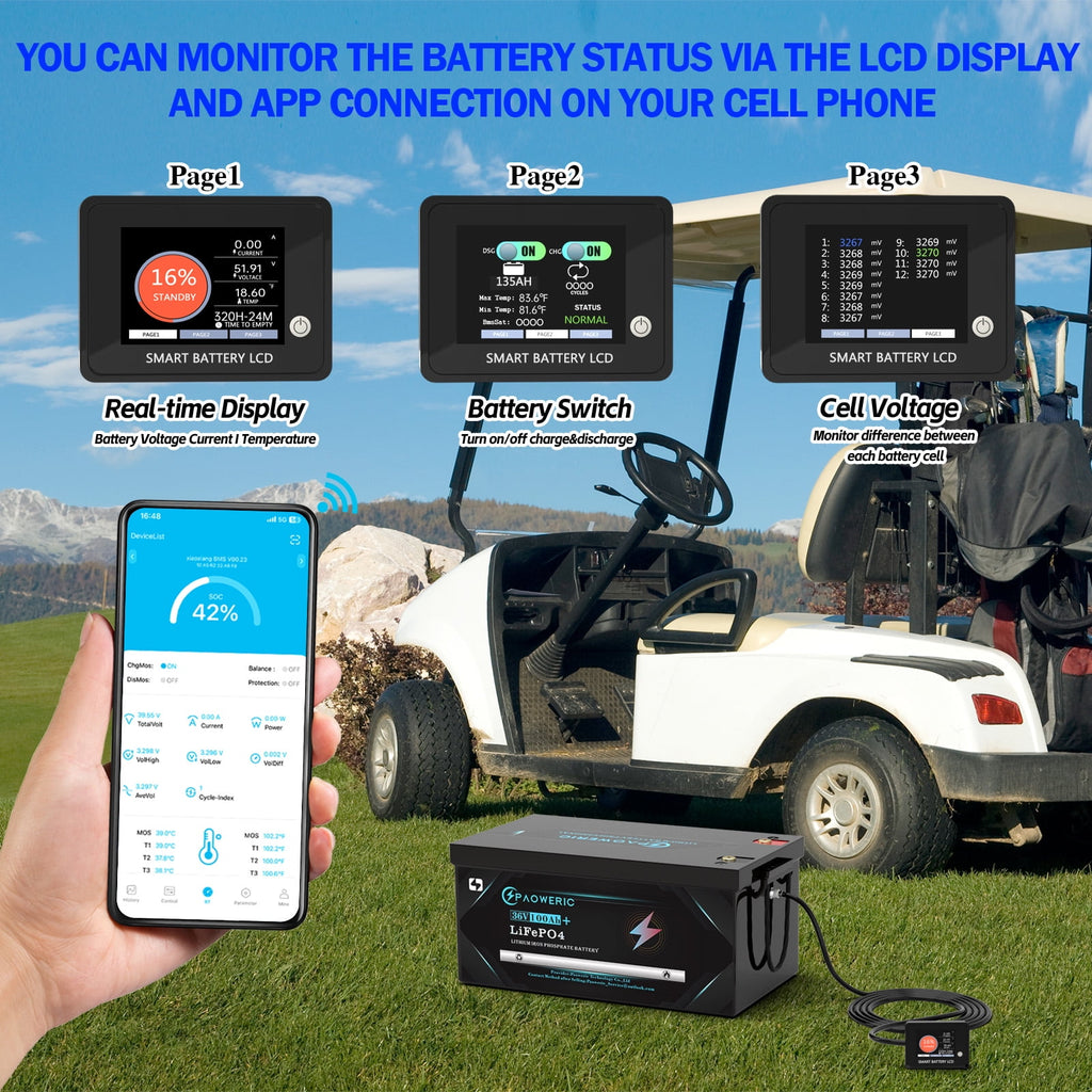36V 100Ah LiFePO4 Lithium Battery for Golf Carts with Charger, Smart 200A BMS, LCD Display, and App Control, Up to 7680W Output, Ideal for Golf Carts and Trolling Motors