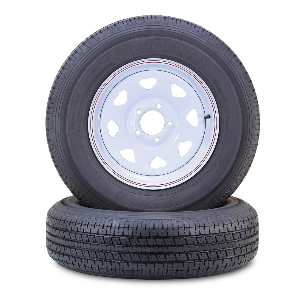 FREE COUNTRY Trailer Tire Wheel Assembly ST205/75R15 10-Ply E 110M Heavy Duty 2400lbs w/ 5 Lug on 4.5 PCD White Spoke Rim ,SET 2