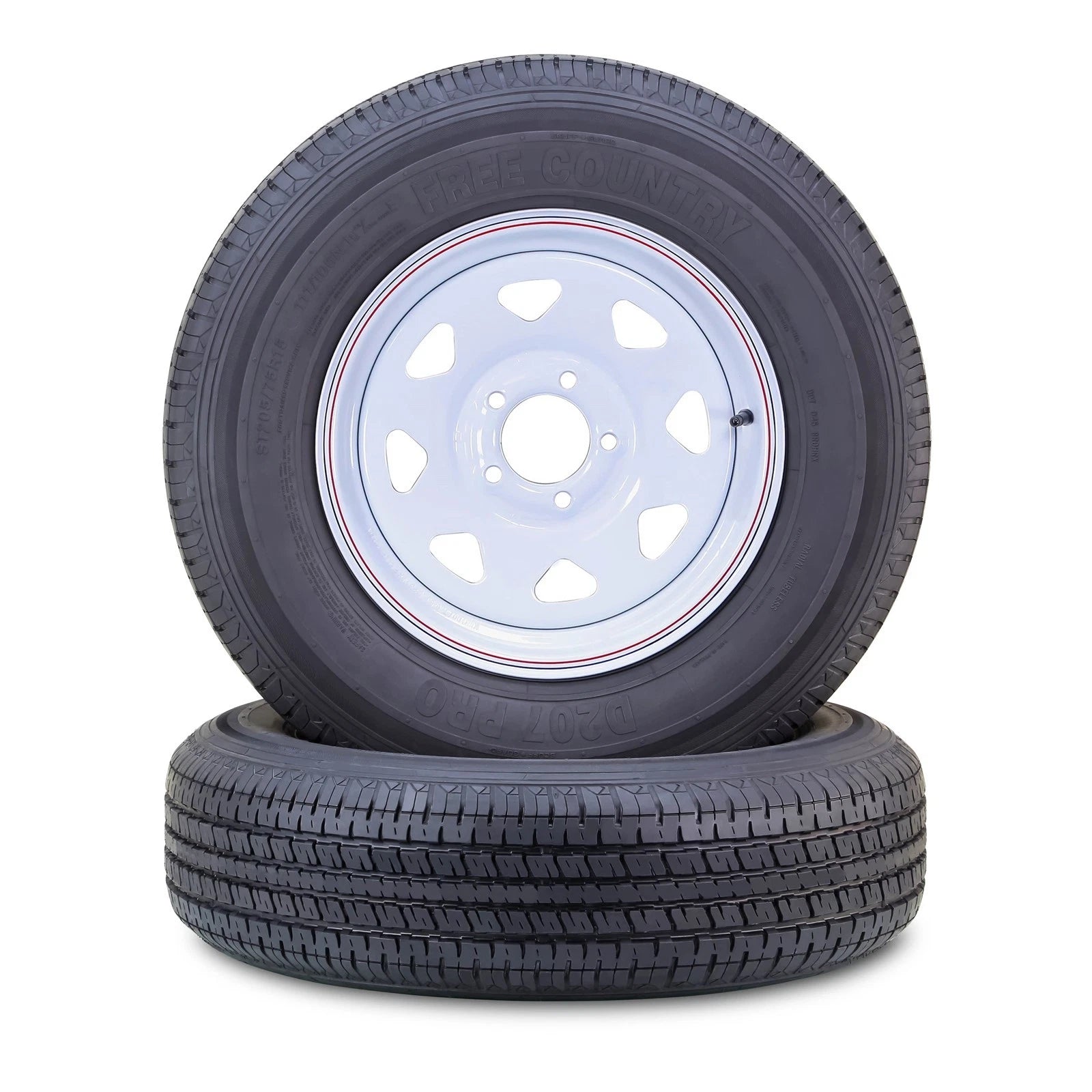 FREE COUNTRY Trailer Tire Wheel Assembly ST205/75R15 10-Ply E 110M Heavy Duty 2400lbs w/ 5 Lug on 4.5 PCD White Spoke Rim ,SET 2