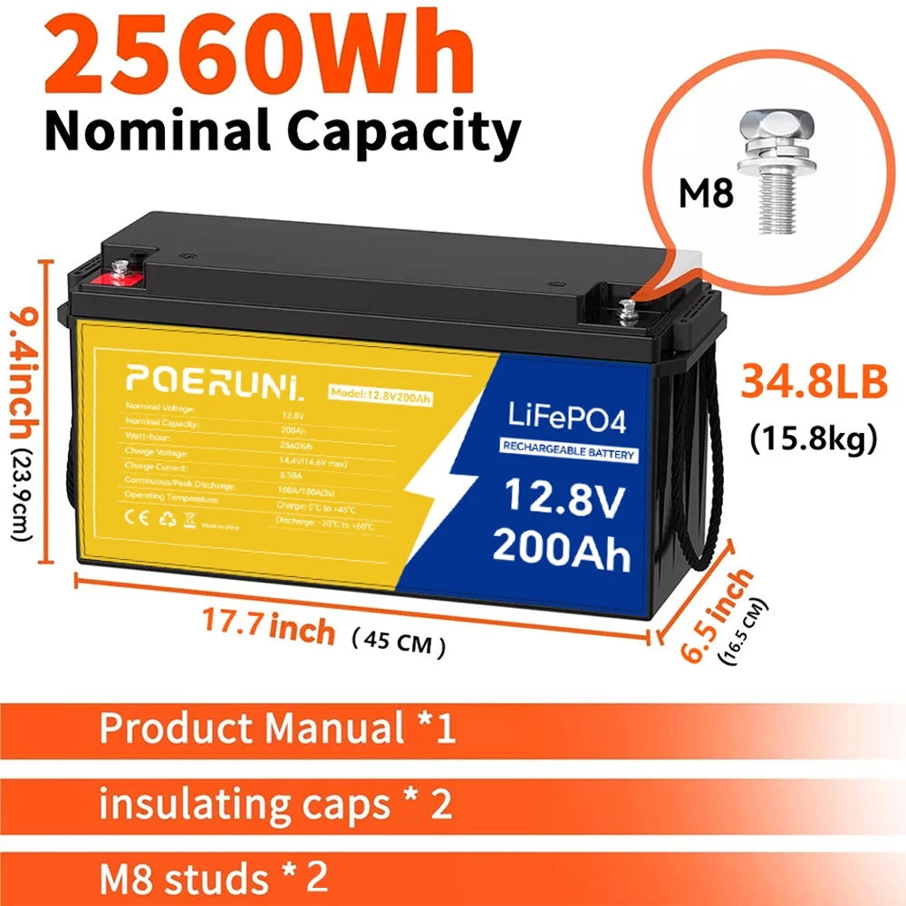 12V 200Ah Lithium LiFePO4 Battery 2560Wh Built-in BMS 15000 Deep Cycle Marine RV