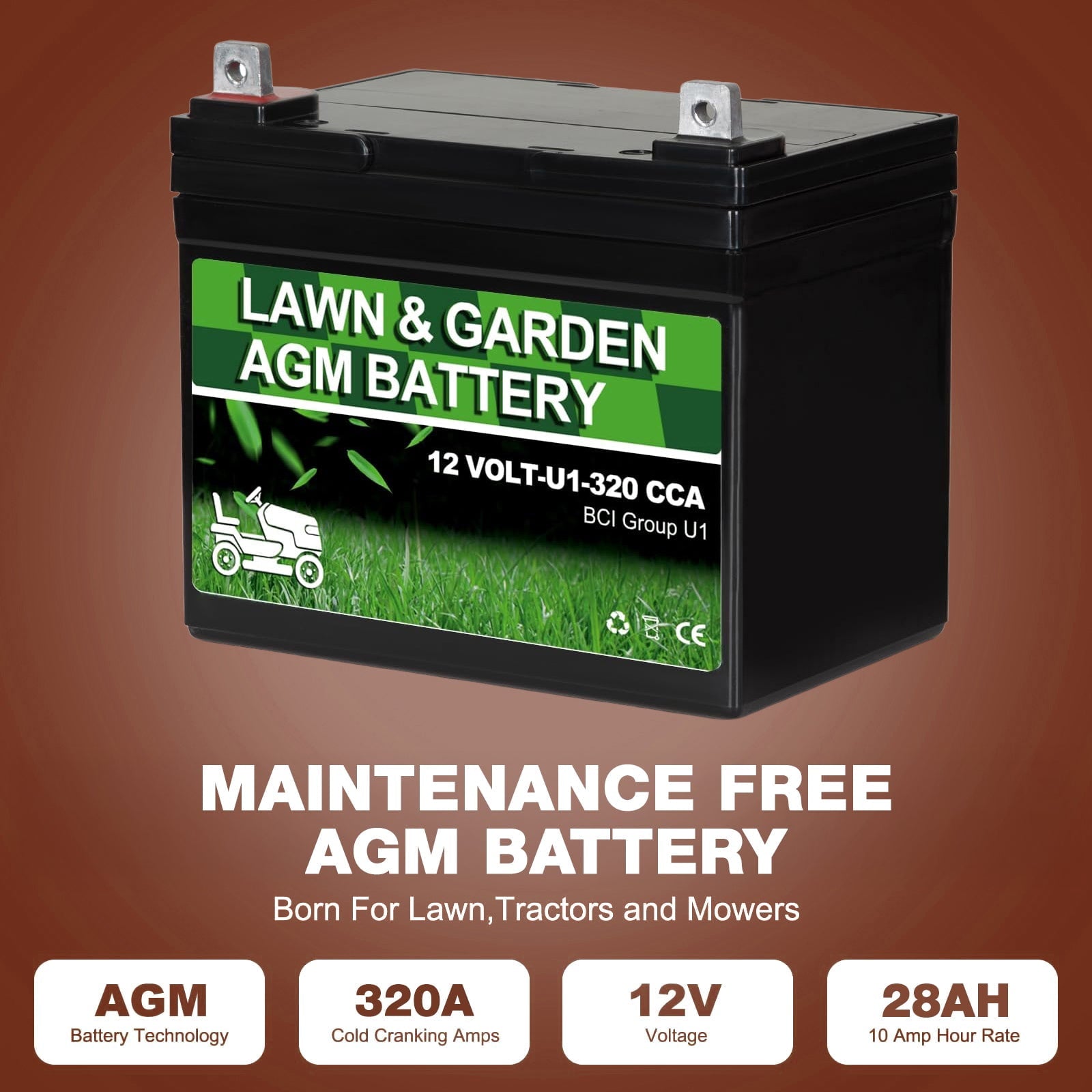Anlibatt Lawn and Garden AGM Battery, Group Size U1 12 Volt, 350 CCA 33 Amp, Top Post for Lawn Mower/Tractor