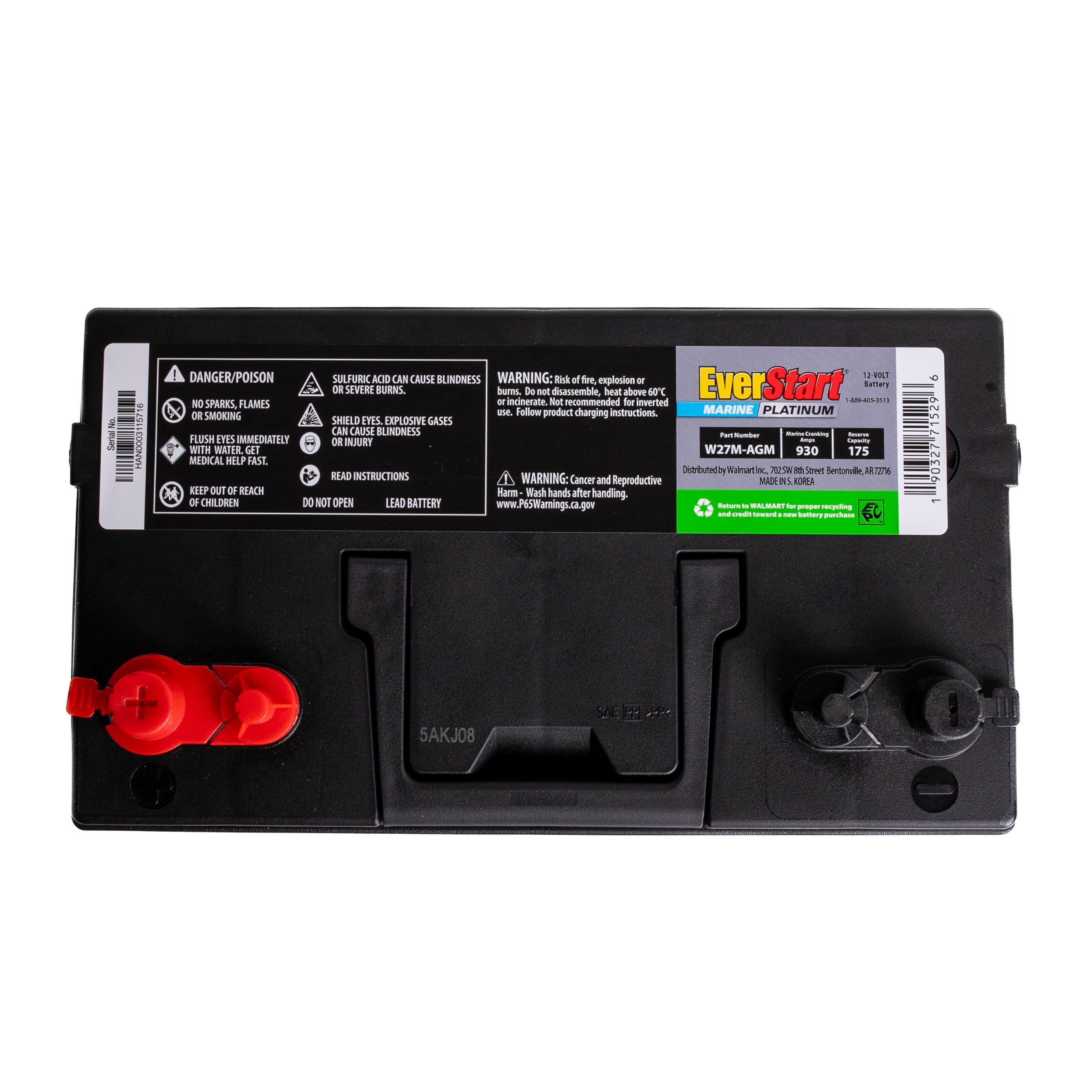 EverStart Platinum AGM Marine Deep Cycle Battery, Group 27M, 930 MCA, 175 RC, 12V, Vehicle Batteries