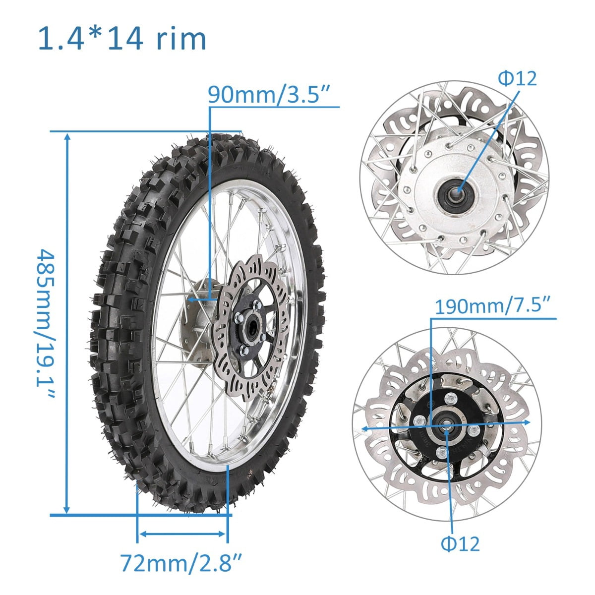 14 12 Complete Wheels Combo Front 60/100-14 + Rear 80/100-12 Wheel Rim 12mm Bearing + 420 Sprocket + Disc Brake Assembly for Dirt Pit Bike SSR Apollo Coolster 110cc 125cc XR70 KX65