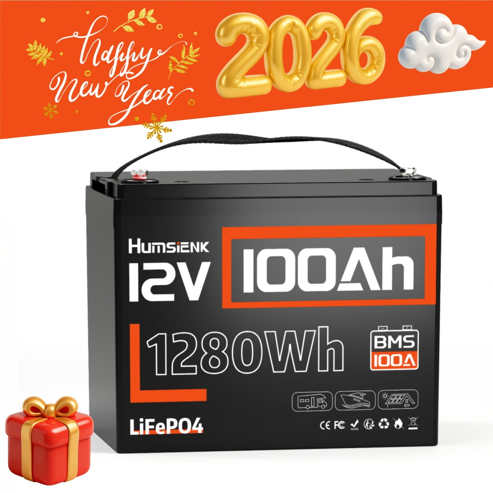 HumsiENK 12V 100Ah LiFePO4 Battery Group 24 Lithium Battery 100A BMS with Low Temp Cutoff, 15000+ Deep Cycles for RV Solar Marine Trolling Moto Off-Grid, Lithium Iron Phosphate Batteries