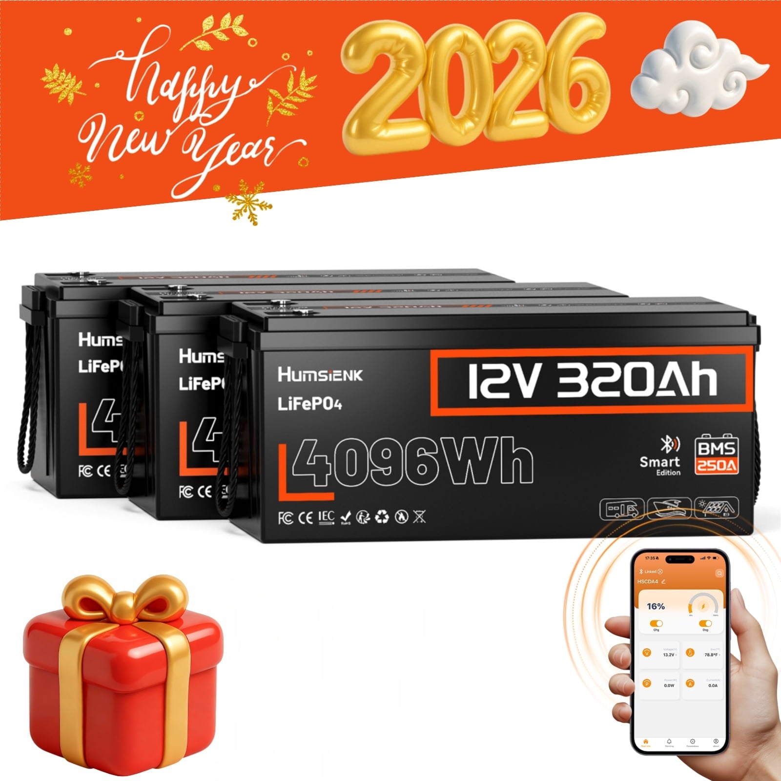 HumsiENK Bluetooth 12V 320Ah Lithium Battery, 300Ah(320Ah) LiFePO4 Battery for RV, Solar Power Storage, Off-Grid, 250A BMS, 4096Wh, 15000+Cycles LiFePO4 Lithium Battery, IP65 & Low Temp Protection