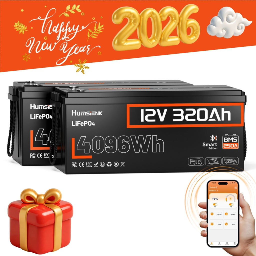 HumsiENK Bluetooth 12V 320Ah Lithium Battery, 300Ah(320Ah) LiFePO4 Battery for RV, Solar Power Storage, Off-Grid, 250A BMS, 4096Wh, 15000+Cycles LiFePO4 Lithium Battery, IP65 & Low Temp Protection