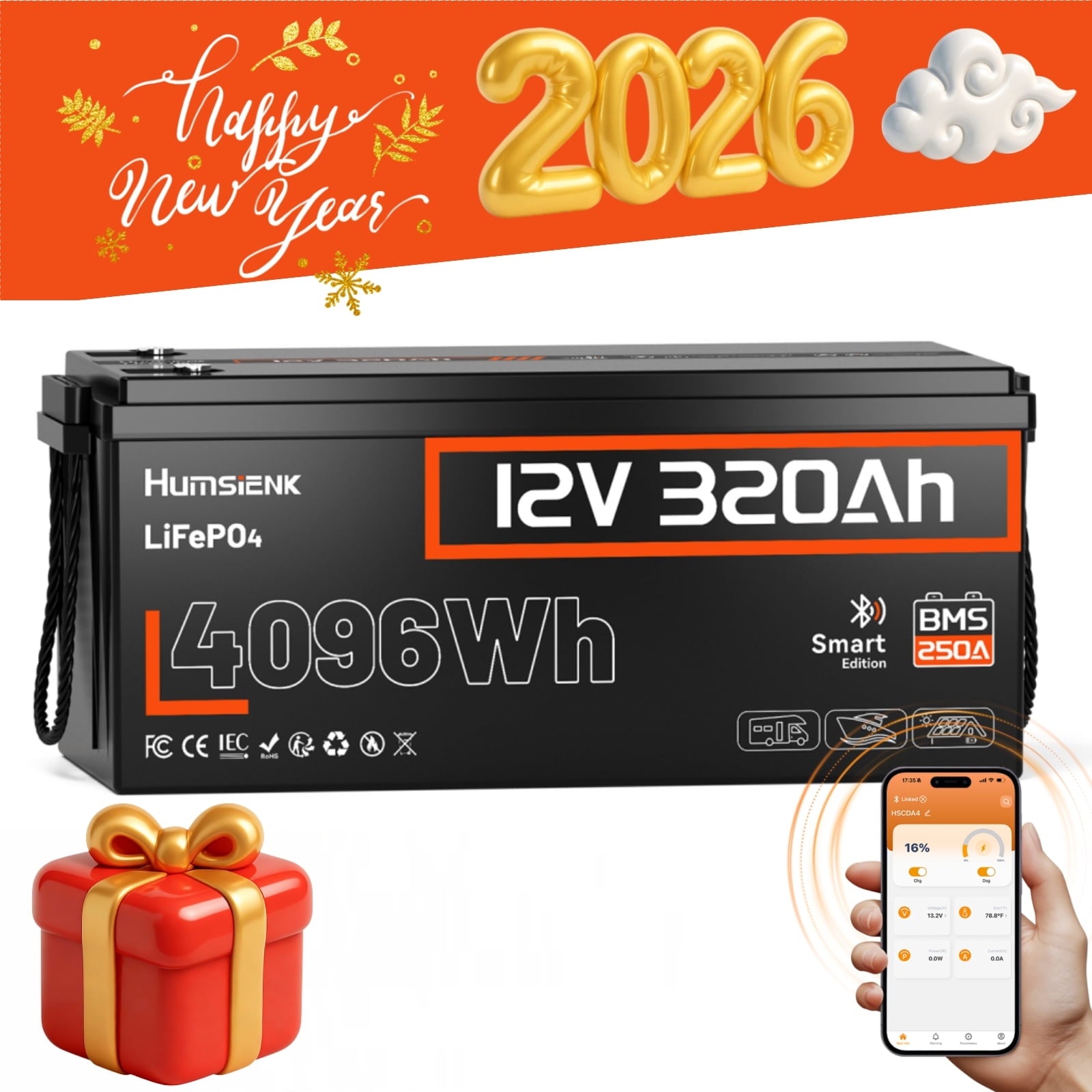 HumsiENK Bluetooth 12V 320Ah Lithium Battery, 300Ah(320Ah) LiFePO4 Battery for RV, Solar Power Storage, Off-Grid, 250A BMS, 4096Wh, 15000+Cycles LiFePO4 Lithium Battery, IP65 & Low Temp Protection