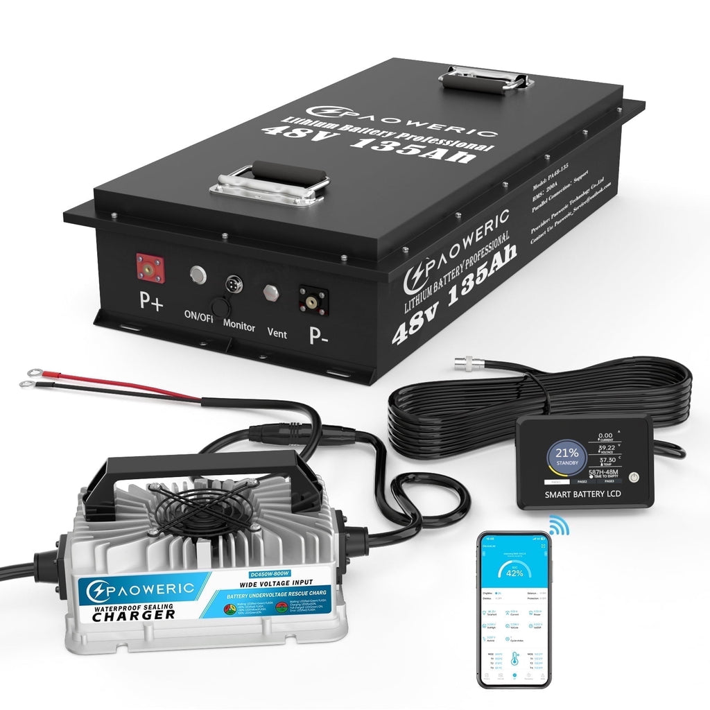 36V 100Ah LiFePO4 Lithium Battery for Golf Carts with Charger, Smart 200A BMS, LCD Display, and App Control, Up to 7680W Output, Ideal for Golf Carts and Trolling Motors