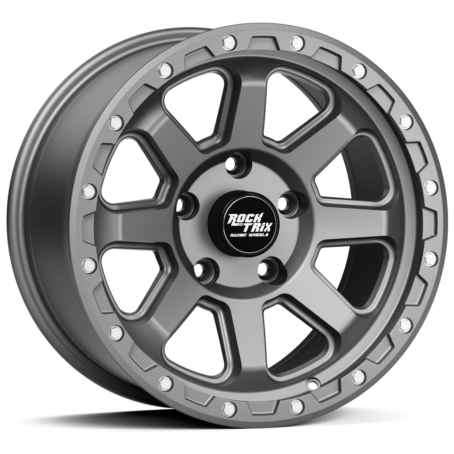 RockTrix RT116 17 inch Wheel Compatible with Jeep Wrangler JK JL 17x9 5x5 Wheels (-12mm Offset, 4.5in Backspace) 5x5 PCD, 71.5mm Bore, Gunmetal Gray Wheels, Also fits Gladiator JT Rims