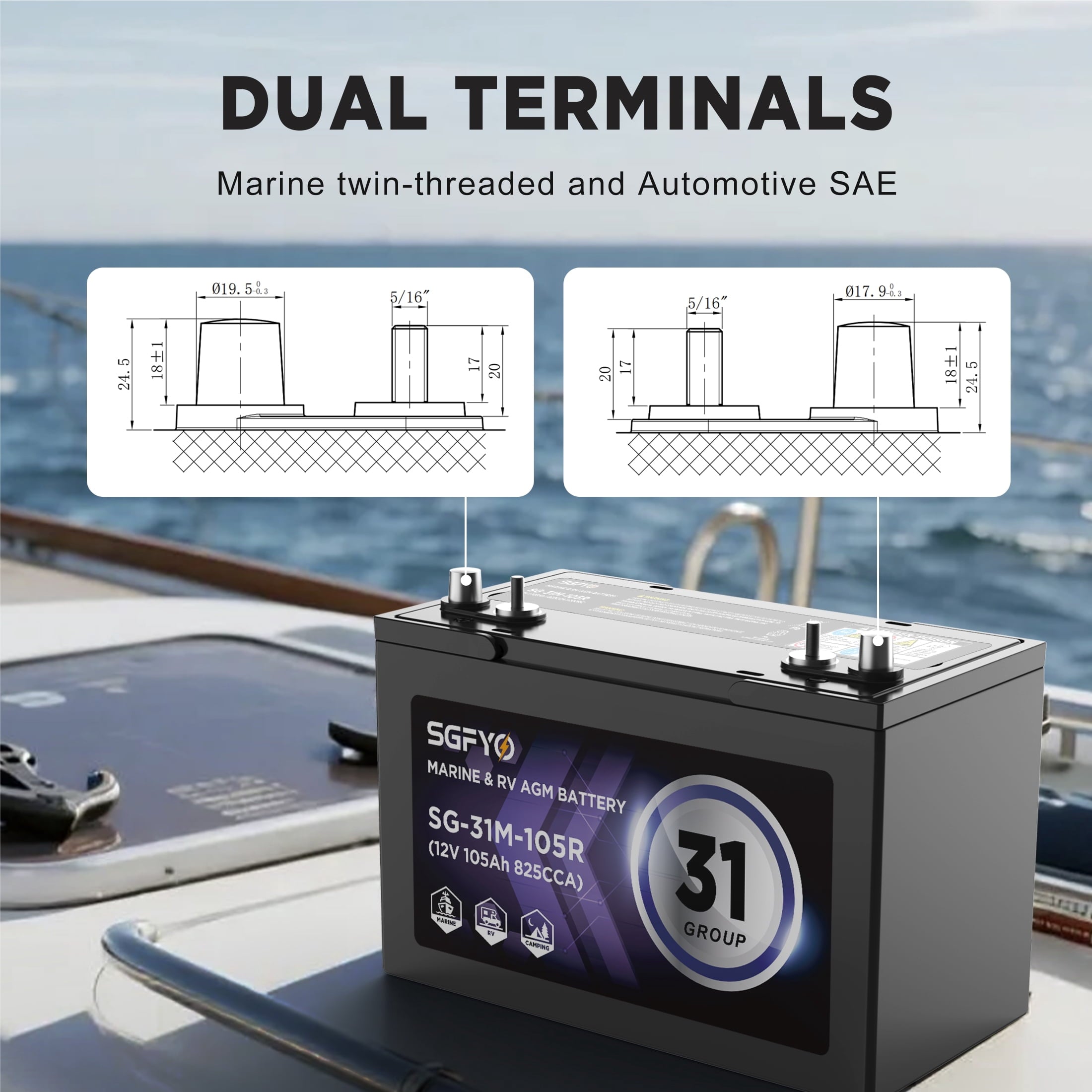 SGFYO Group Size 31M Dual Purpose Marine Battery,12V 105Ah 825CCA 200RC AGM Starter and Deep Cycle RV & Boat Batteries