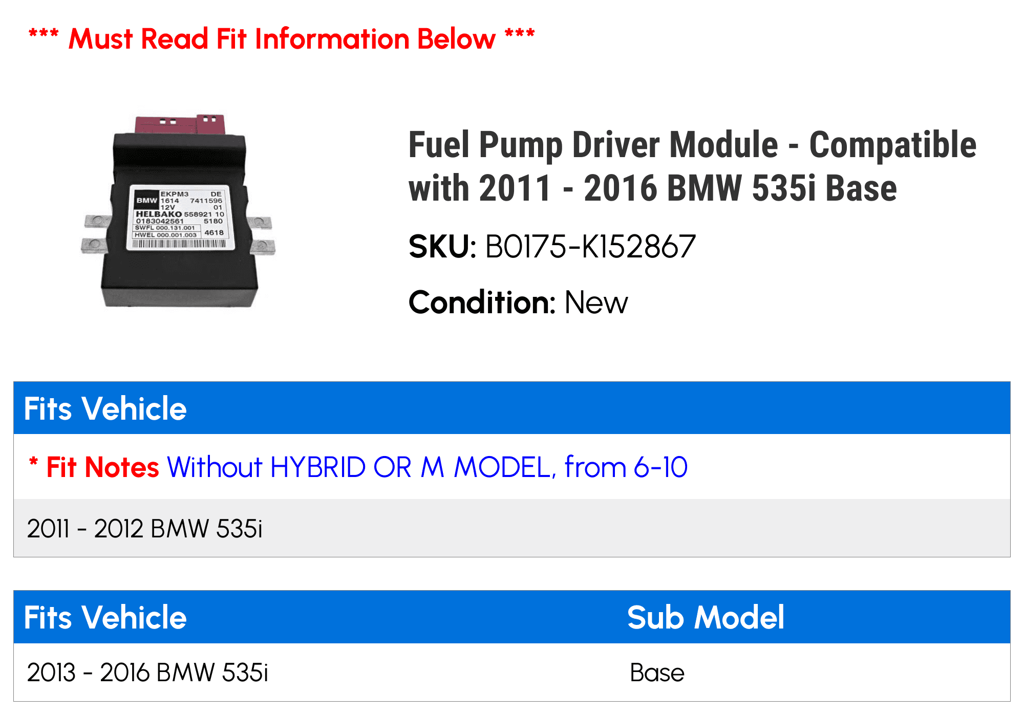 Fuel Pump Driver Module - Compatible with 2011 - 2016 BMW 535i Base 2012 2013 2014 2015