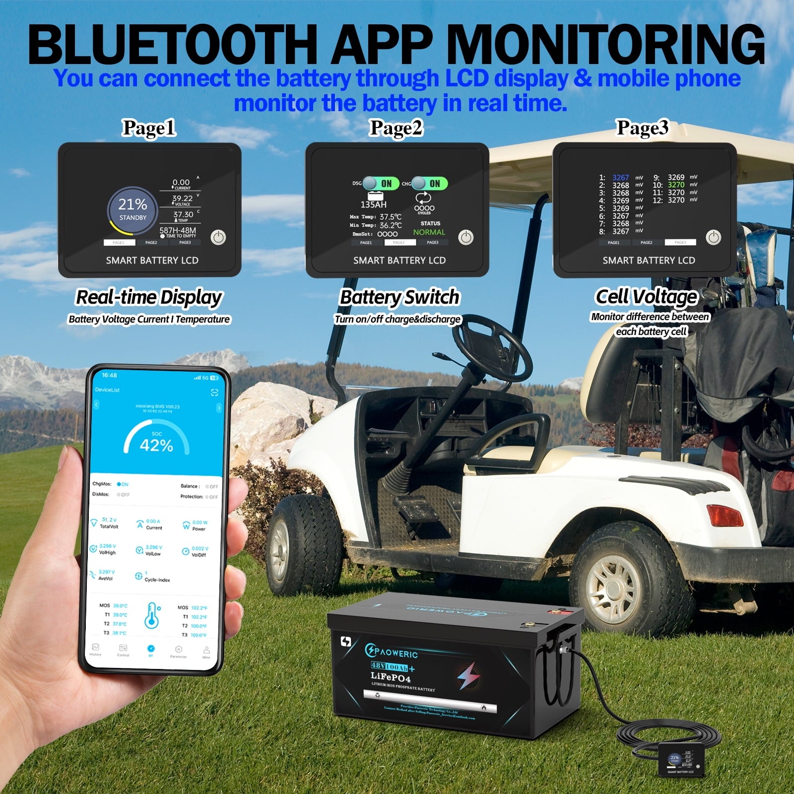 Paoweric 48V 100Ah LiFePO4 Lithium Golf Cart Battery with Charger, Perfect for Golf Cart, Trolling Motor
