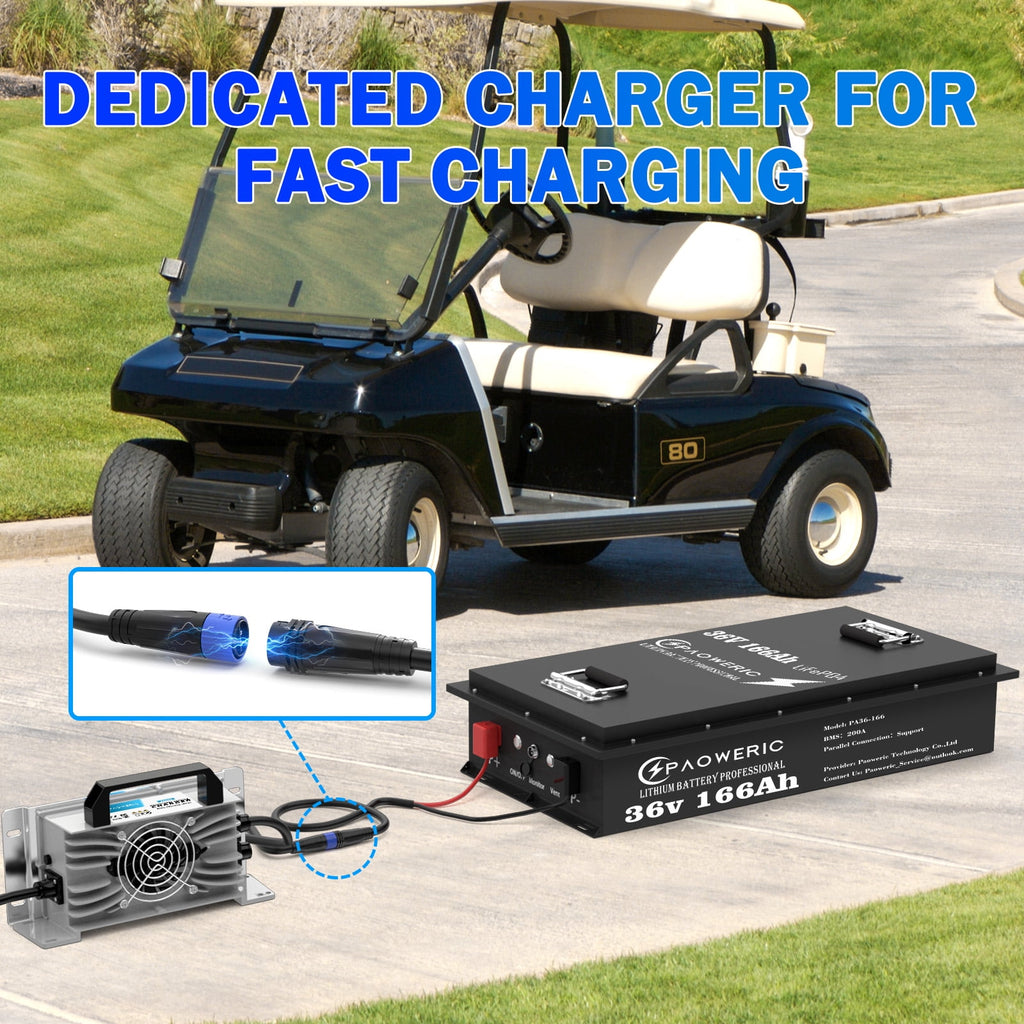 36V 100Ah LiFePO4 Lithium Battery for Golf Carts with Charger, Smart 200A BMS, LCD Display, and App Control, Up to 7680W Output, Ideal for Golf Carts and Trolling Motors