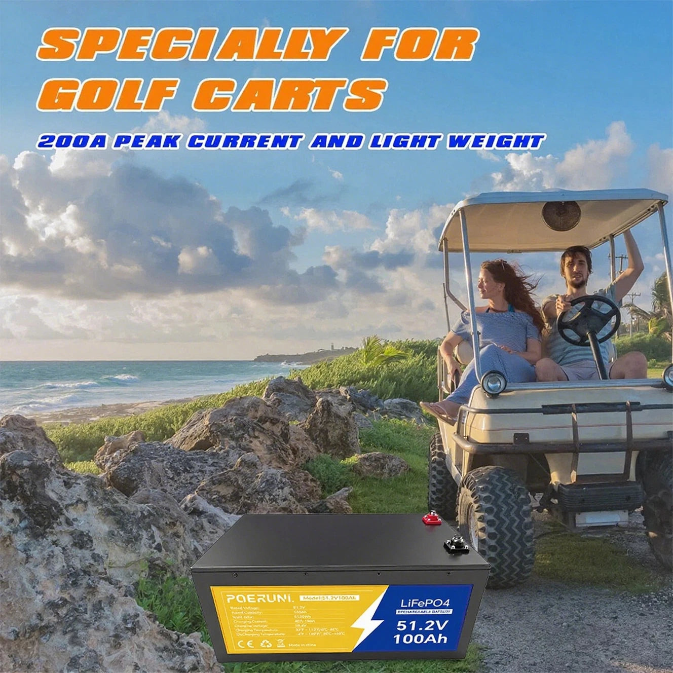 POERUNI 48V 100Ah LiFePO4 Lithium Battery BMS Deep Cycles for RV Solar Boat Golf Cart