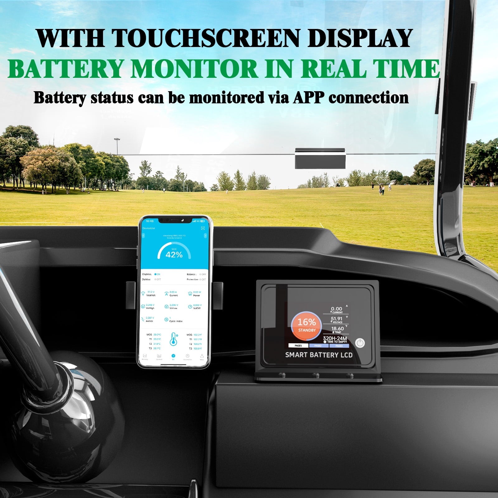 48V 100Ah Lithium Golf Cart Battery with Charger, Touch Monitor & Mobile APP, Built-in 200A BMS, Perfect for Golf Cart, RV, Solar