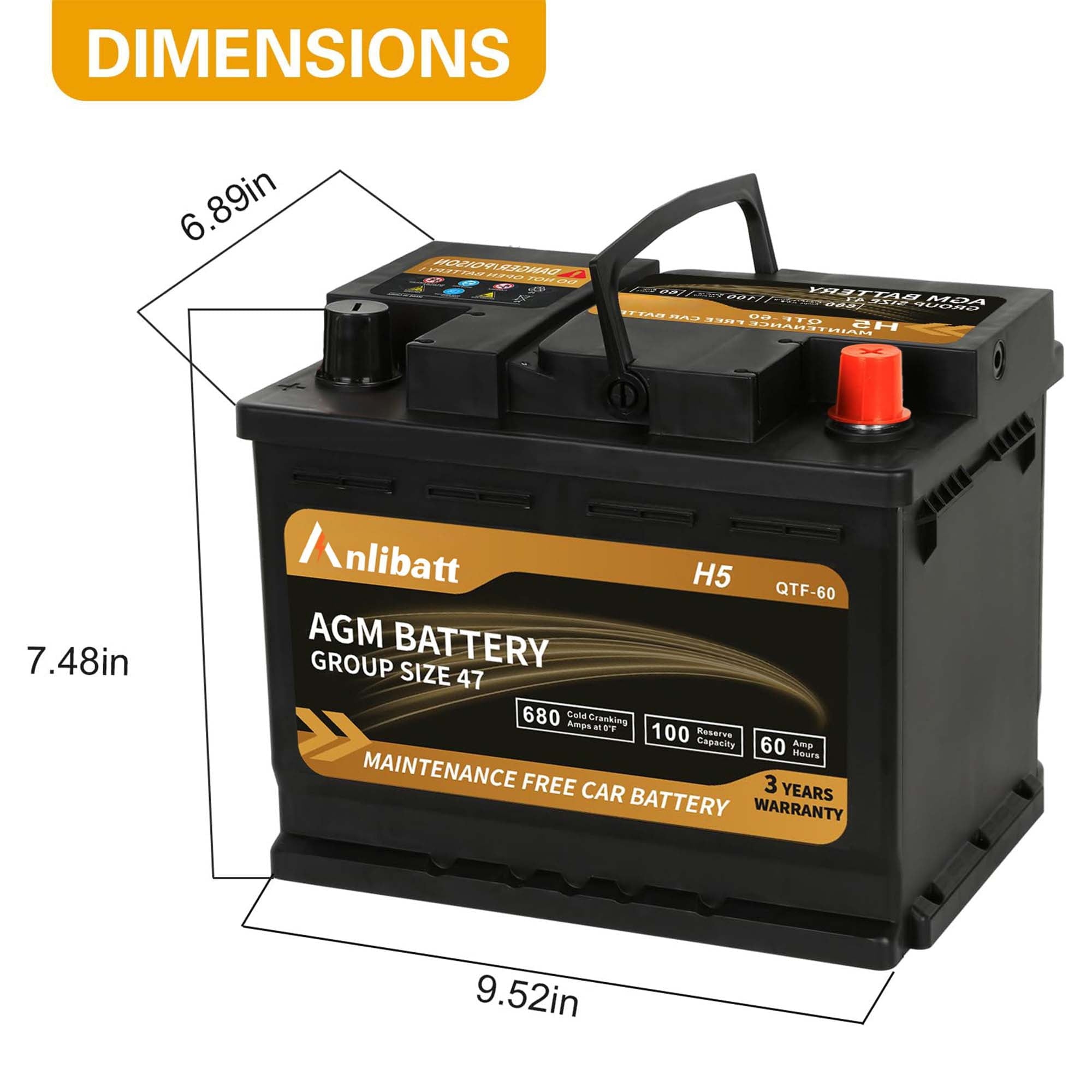 Anlibatt Car AGM Battery Group Size 48 H6 Start Stop Battery 12V 70Ah 760CCA Maintenance Free Rechargeable