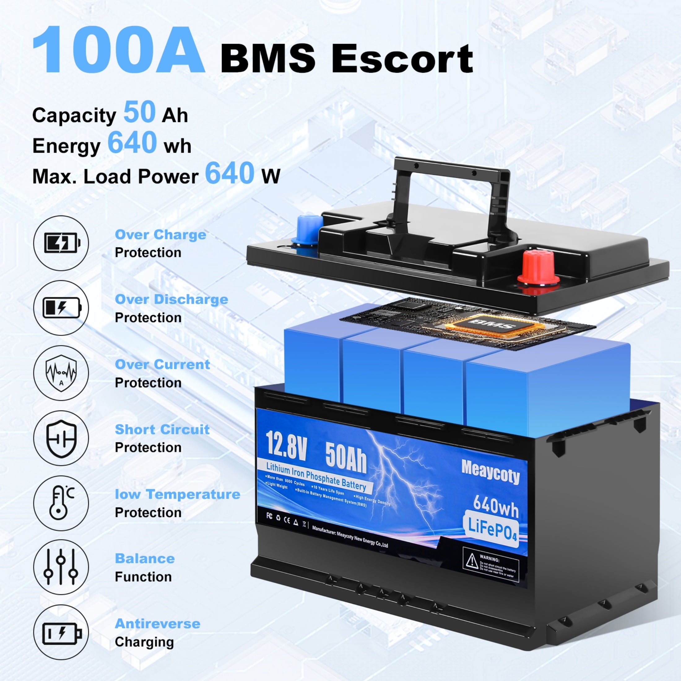 Meaycoty 12V 50Ah Lithium Iron Phosphate Battery 640wh 12V LiFePO4 Battery for Trolling Motor Boat RV