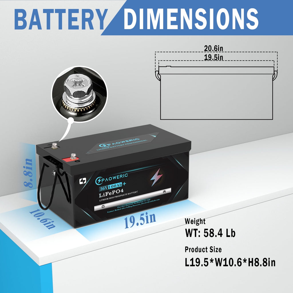 36V 100Ah LiFePO4 Lithium Battery for Golf Carts with Charger, Smart 200A BMS, LCD Display, and App Control, Up to 7680W Output, Ideal for Golf Carts and Trolling Motors