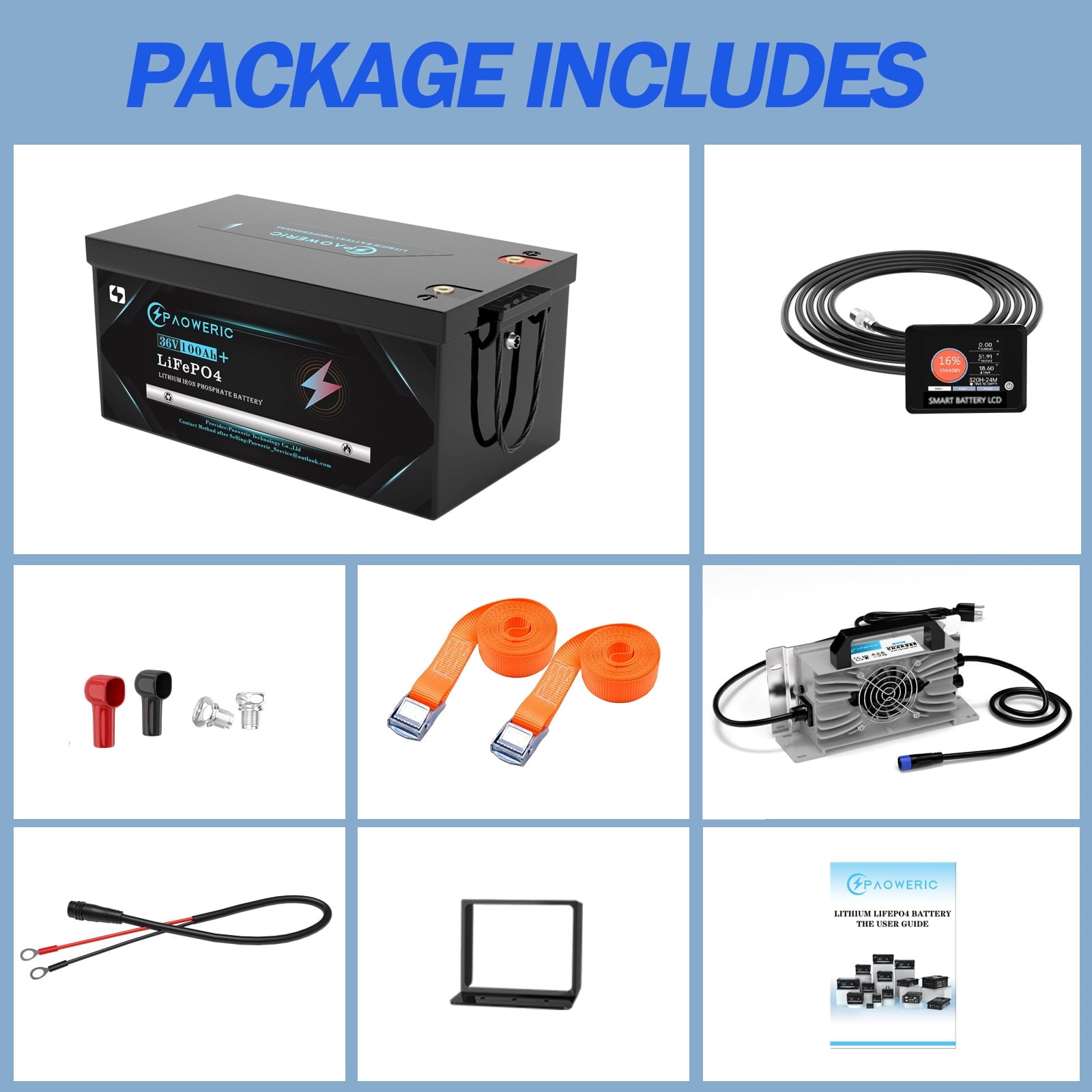 36V 100Ah LiFePO4 Lithium Battery for Golf Carts with Charger, Smart 200A BMS, LCD Display, and App Control, Up to 7680W Output, Ideal for Golf Carts and Trolling Motors